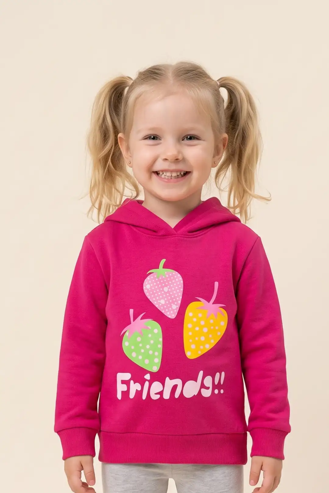 Kız Çocuk Sweatshirt Çilek Baskılı 3 iplik Polarlı Şardonlu %100 Pamuk